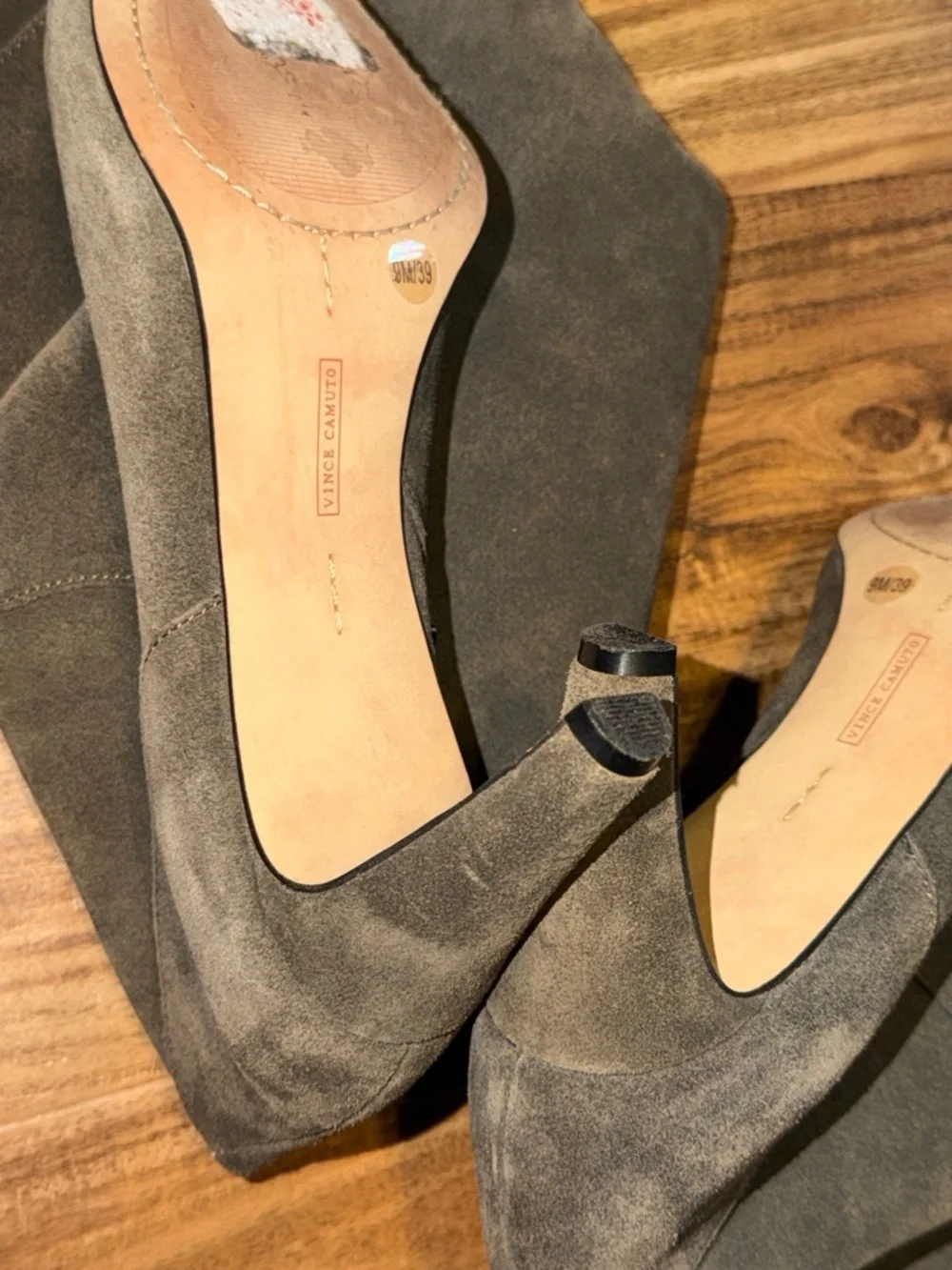 Vince Camuto women 9 Over the knee heeled boot suede leather grey olive armaceli